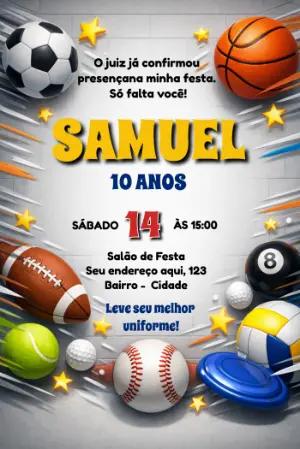 Convite de Aniversário Esportes Variados Modelo Editável