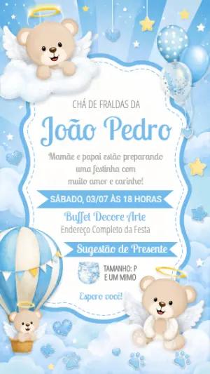 Convite Chá de Fraldas Ursinho Anjo Azul para Editar