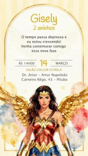 Convite de Aniversário Mulher-Maravilha Aquarela Editável