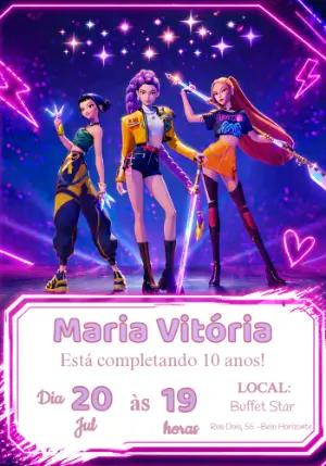 Convite de Aniversário Guerreiras K-Pop Neon Editável