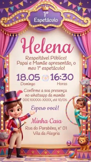 Convite de Aniversário Circo Rosa Menina Modelo Editável