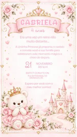 Convite de Aniversário Ursinha Princesa Editável para Festa