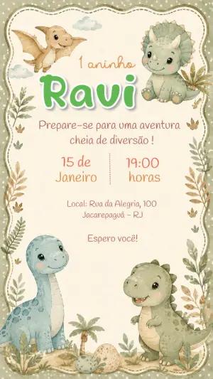 Convite de Aniversário Dinossauro Bebê Aquarela Editável