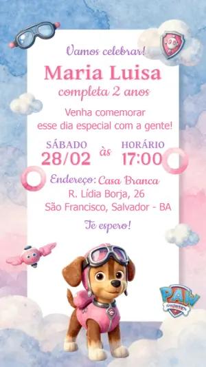 Convite de Aniversário Patrulha Canina Skye Rosa para Editar