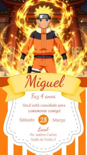 Convite de Aniversário Naruto Laranja e Amarelo Modelo Editável