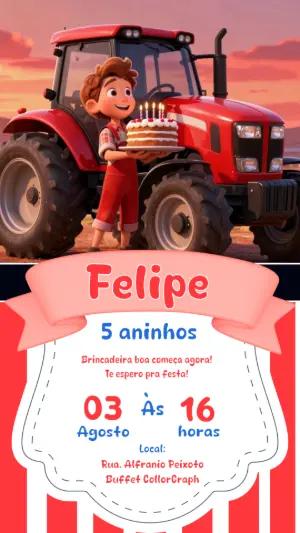 Convite de Aniversário Trator Vermelho para Editar