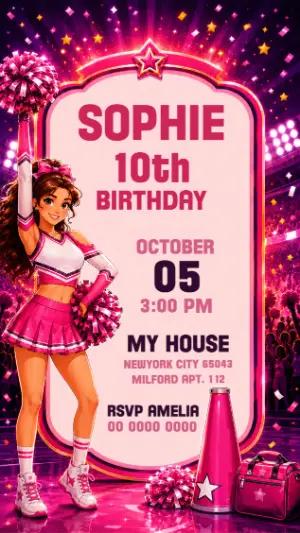 Vibrant Cheerleader Birthday Invitation Editable Template