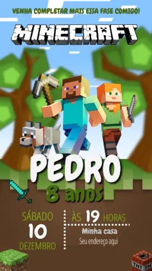 Convite de Aniversário Minecraft com Personagens para Editar
