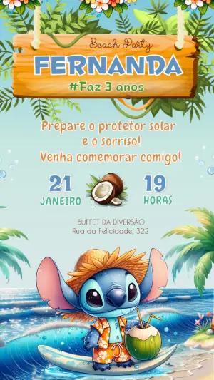 Convite de Aniversário Stitch Festa na Praia para Editar