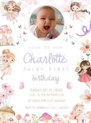 Editable Fairy First Birthday Invitation with Photo Template