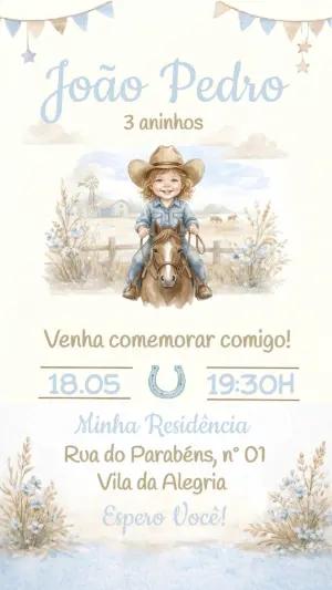 Convite de Aniversário Cowboy Aquarela Editável