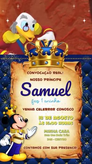 Convite Animado Mickey Príncipe Realeza Azul para Editar