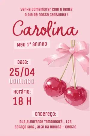 Convite de Aniversário Tema Cerejinha para Editar Online