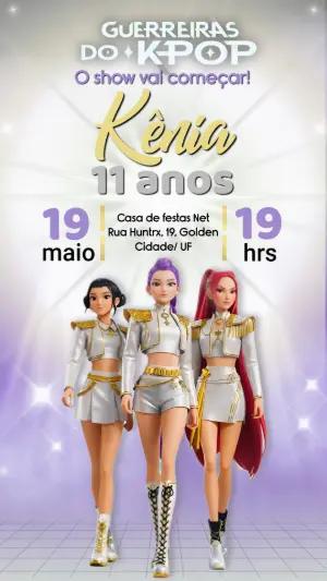 Convite de Aniversário Guerreiras do K-pop Roxo para Editar