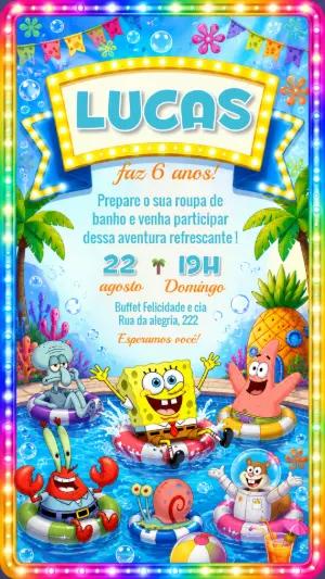 Convite de Aniversário Bob Esponja Festa na Piscina Editável