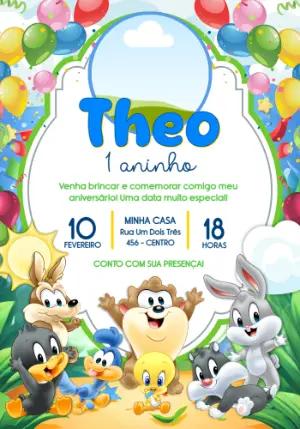 Convite de Aniversário Baby Looney Tunes Colorido para Editar