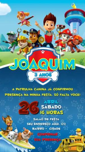Convite de Aniversário Patrulha Canina com Personagens para Editar