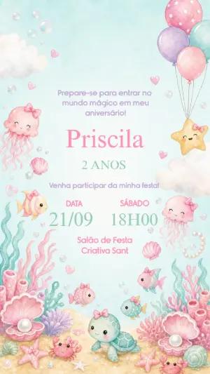 Convite de Aniversário Fundo do Mar Aquarela Editável