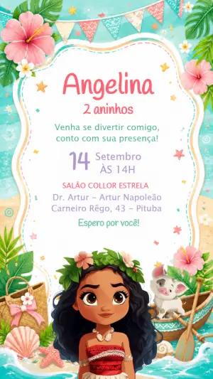 Convite de Aniversário Moana Aquarela para Editar