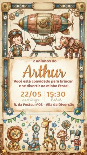 Convite de Aniversário Circo Robô Steampunk Editável