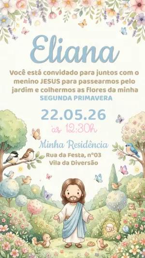Convite Aniversário Jardim do Menino Jesus Aquarela Editável