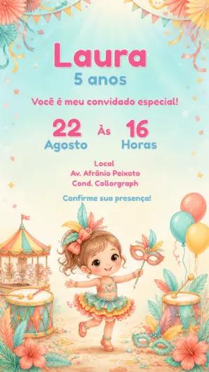 Convite Aniversário Carnaval de Verão Editável para Menina