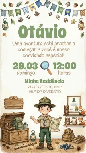 Convite de Aniversário Explorador Aventura na Floresta Editável