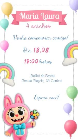 Convite de Aniversário Labubu Fofo para Editar