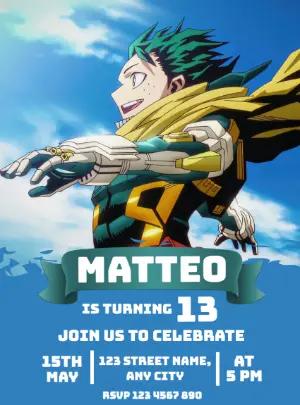 My Hero Academia Birthday Invitation Editable Template