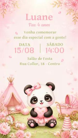 Convite de Aniversário Panda Menina Aquarela para Editar