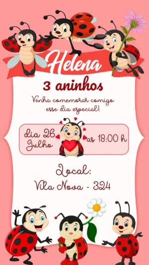 Convite de Aniversário Infantil Joaninha Rosa para Editar