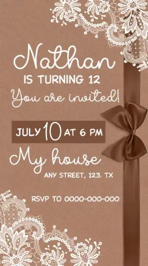 Rustic Brown Lace Birthday Invitation Editable Template