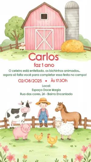 Convite Aniversário Fazendinha com Bichinhos para Editar Online