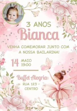 Convite de Aniversário Bailarina Rosa com Foto Editável