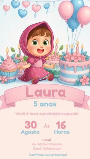 Convite Animado Aniversário Masha e o Urso Rosa para Editar