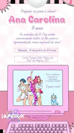 Convite de Aniversário Guerreiras do Kpop e Moderno para Editar