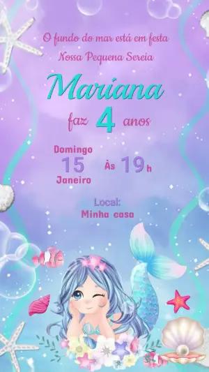 Convite de Aniversário Sereia Fofa em Lilás para Editar