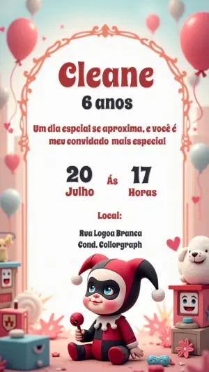 Convite de Aniversário Arlequina para Editar Online
