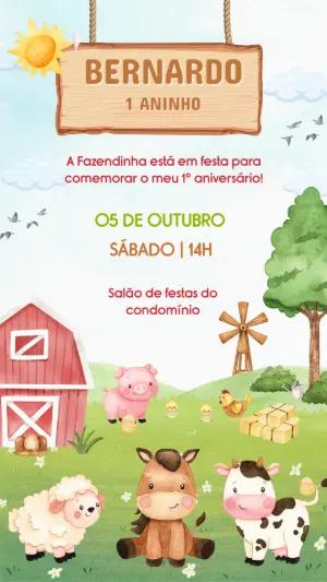 Convite Digital Infantil Tema Fazendinha Modelo Editável