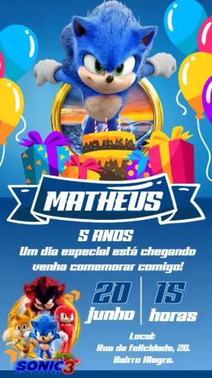 Convite de Aniversário Sonic 3 com Personagens para Editar Online