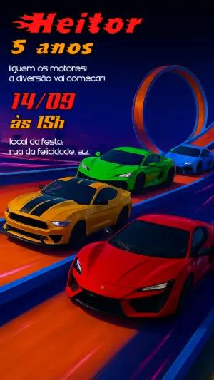 Convite de Aniversário Carros de Corrida para Editar Online