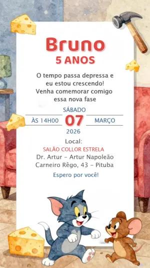 Convite Digital Tom e Jerry para Aniversário Infantil Editável