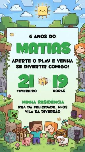 Convite de Aniversário Minecraft Infantil Editável