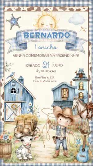 Convite de Aniversário Fazendinha Azul Aquarela para Editar