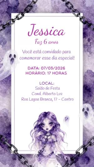 Convite de Aniversário Tema Fantasma Gótico Roxo Editável