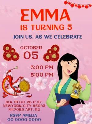 Mulan Birthday Invitation with Mushu to Edit Online