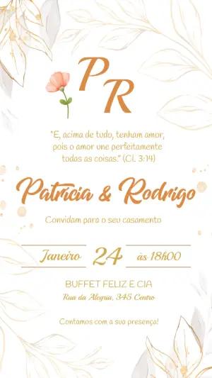 Convite de Casamento Elegante com Floral Dourado Editável