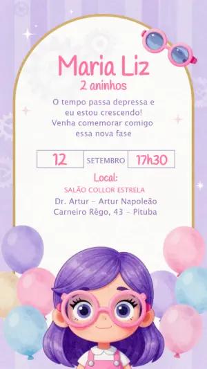 Convite de Aniversário Infantil Menina de Óculos Modelo Editável