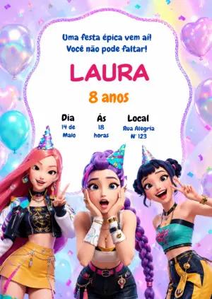 Convite de Aniversário Guerreiras K-pop Editável