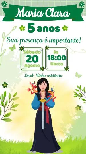 Convite de Aniversário Mulan: Modelo Digital Editável